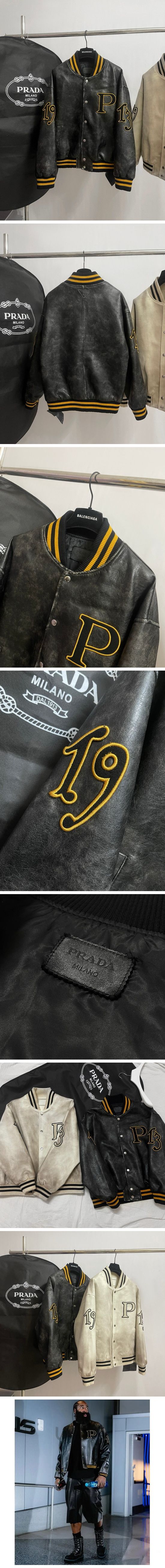 極N級 Prada Logo Applique Leather Bomber Jacket プラダ ロゴ アップリケ レザー ボンバー ジャケット ブラック