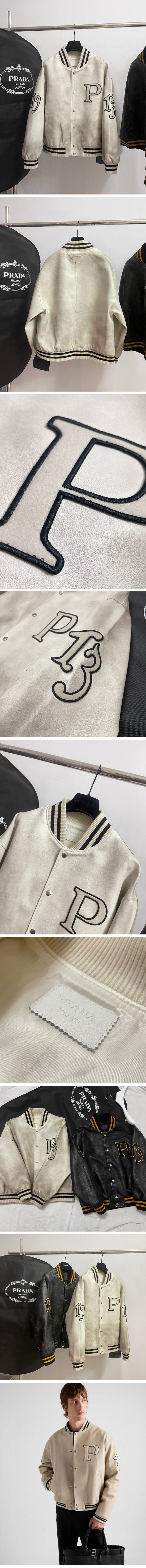 極N級 Prada Logo Applique Leather Bomber Jacket プラダ ロゴ アップリケ レザー ボンバー ジャケット ホワイト