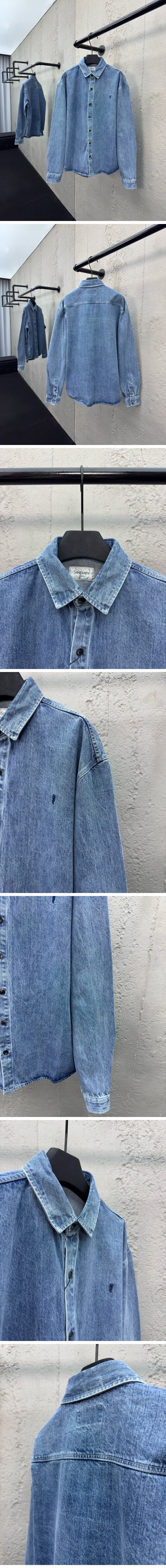極N級 Saint Laurent Cassandre Logo Denim Shirt サンローラン カサンドラ ロゴ デニム シャツ