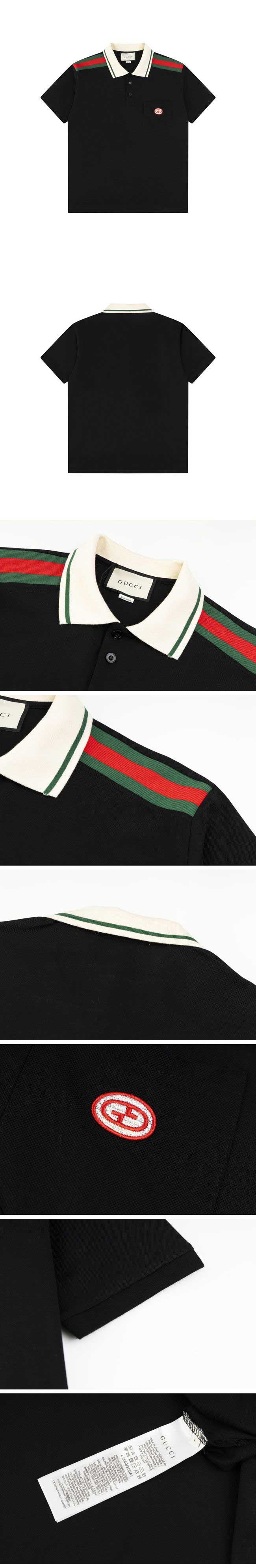 Gucci Shoulder Stripe Red Logo Polo Shirt グッチ ショルダー ストライプ レッド ロゴ ポロシャツ ブラック