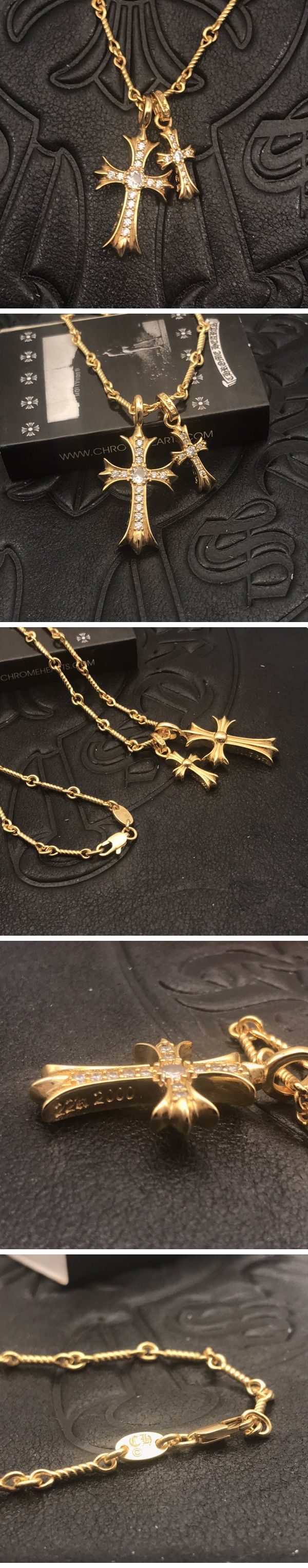 N級 Chrome Hearts SV925 Gold Stone Double Cross Necklace クロムハーツ シルバー925 ゴールド ストーン ダブル クロス ネックレス