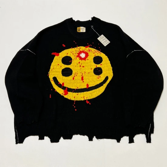 Saint Michael Smiley Face Distressed Crew Neck Sweater セイント マイケル スマイリー フェイス ディストレスド クルーネック セーター